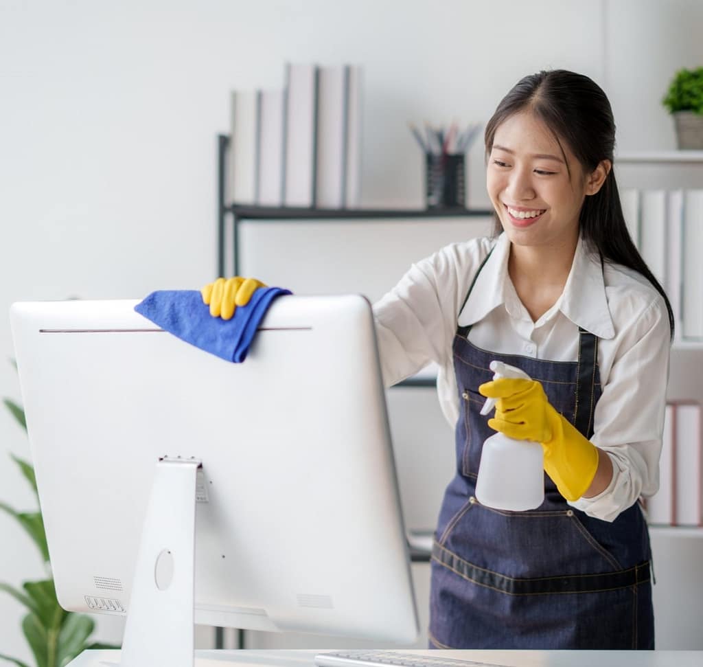 Young female cleaner spraying cleaning solutionat desktop