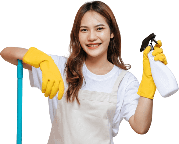 Happy young pretty woman apron rubber gloves holding spray bottle preparing cleaning smile